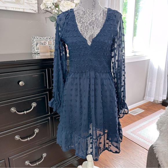 BTFBM Navy Swiss Dot Smocked Dress M - Picture 3 of 12